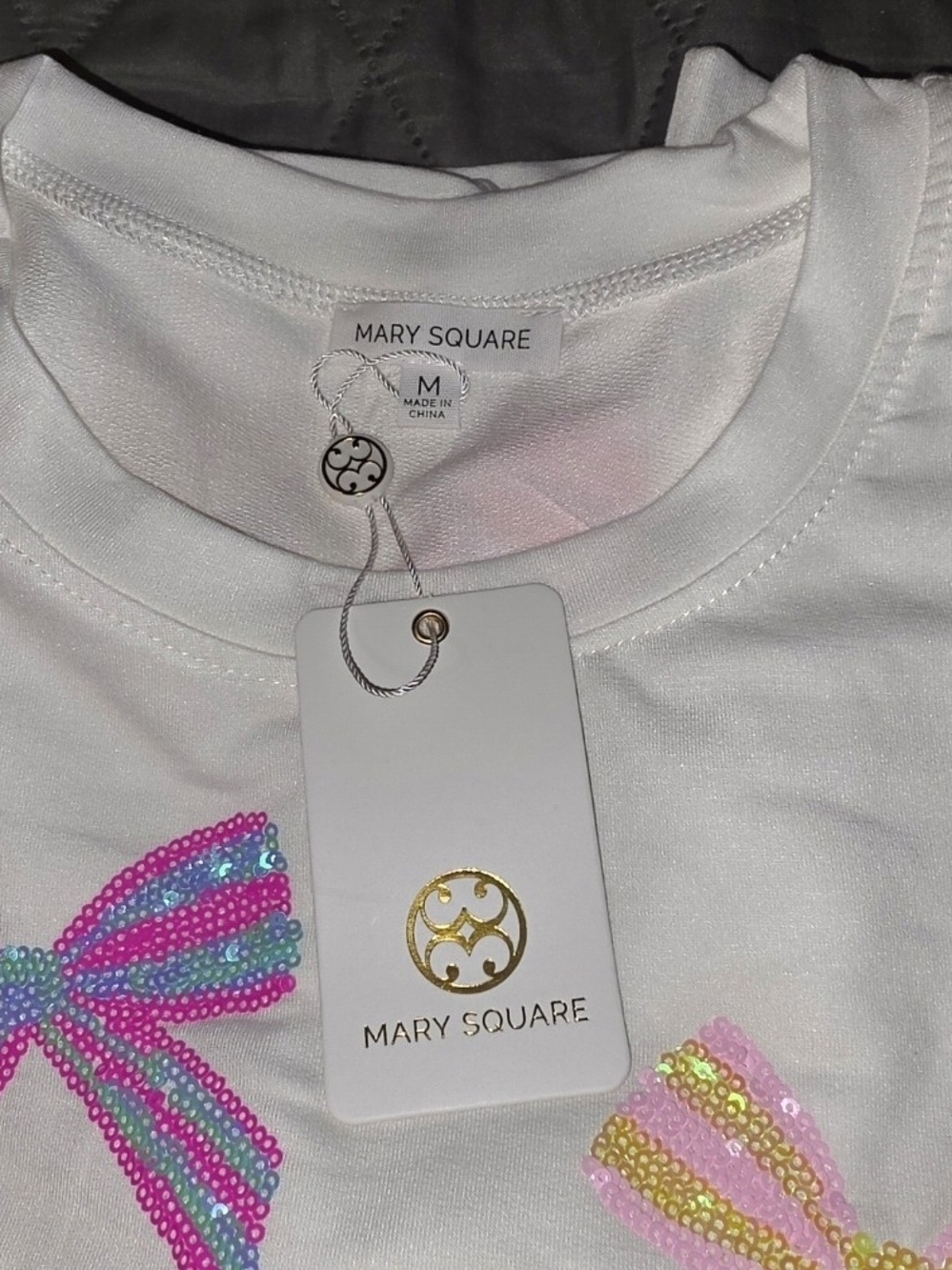 Mary Square White Girls' Short Sleeve Sequin Bow Tee